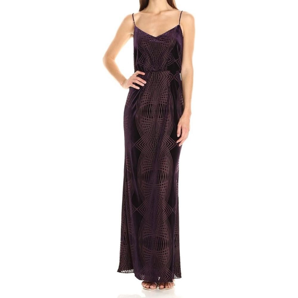 Adrianna Papell Women's Burn Out Velvet Blouson Gown Aubergine Eggplant purple 6